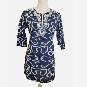 LE SOLEIL Blue Beaded Tunic Top NWT Small Kurta Coverup Ikat